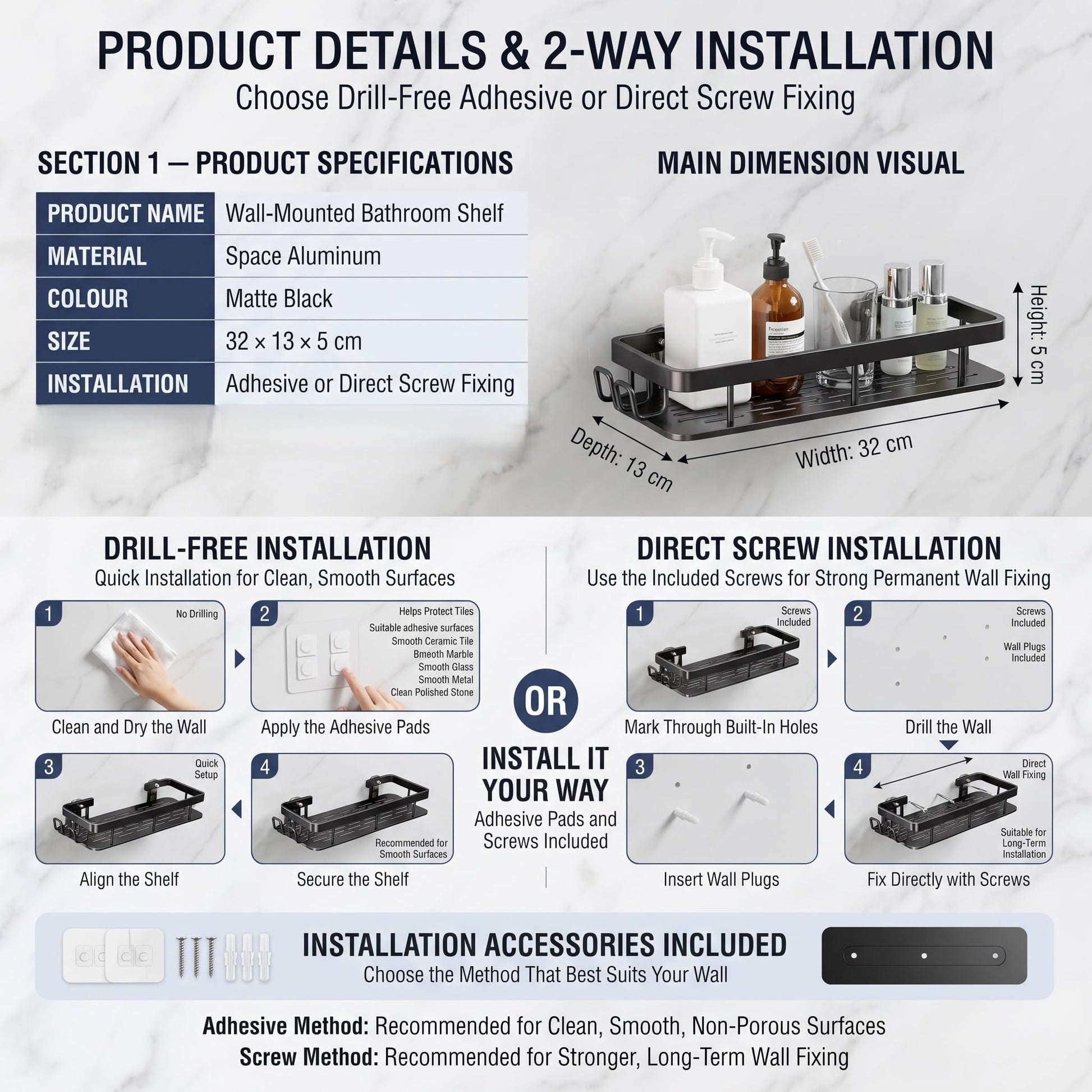 Rectangular shower wall shelf with open drainage slots and raised guard rail