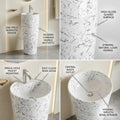 Modern one piece pedestal wash basin, round ceramic basin with glossy marble look, side angle