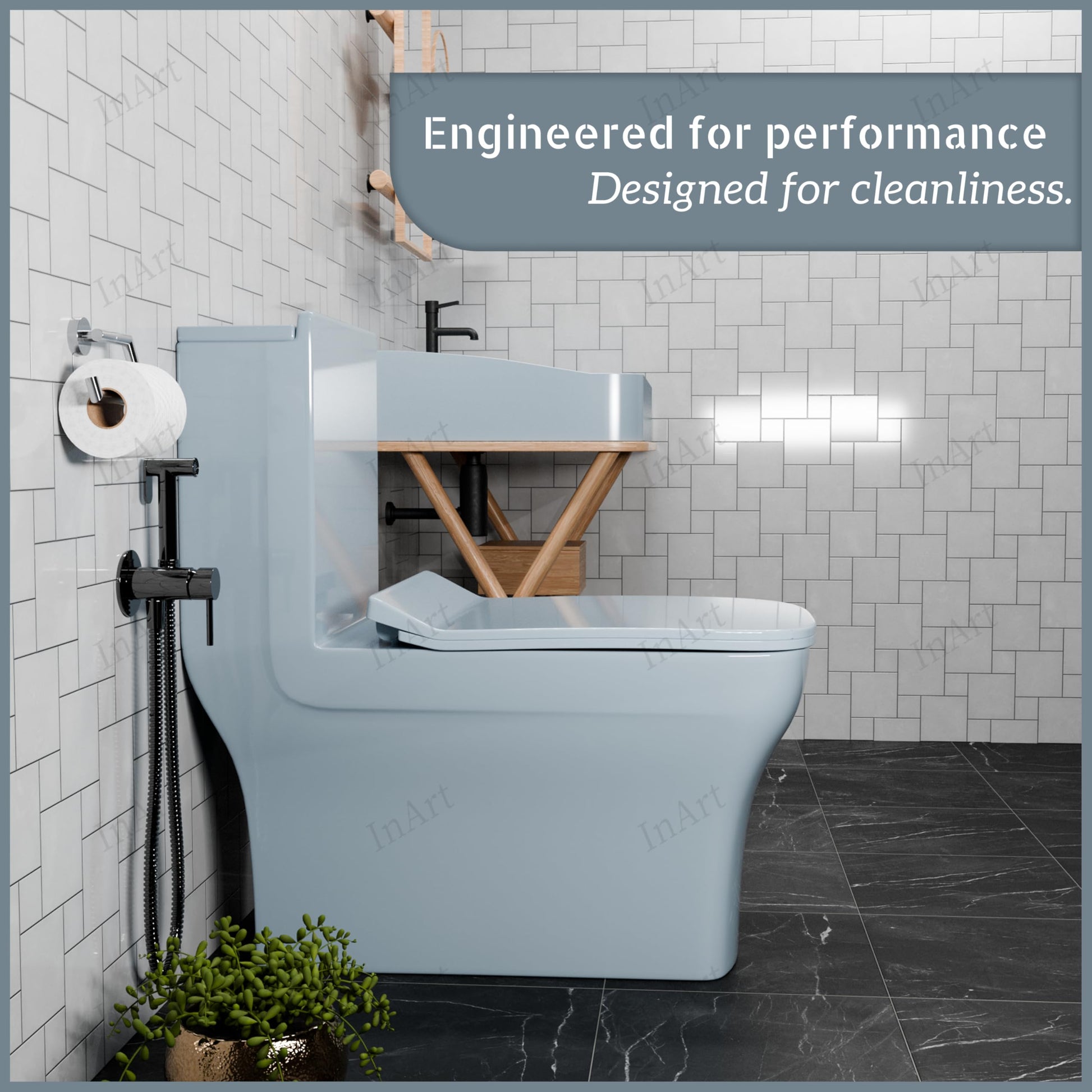 InArt one piece commode soft close seat detail, compact elongated oval design for small washrooms