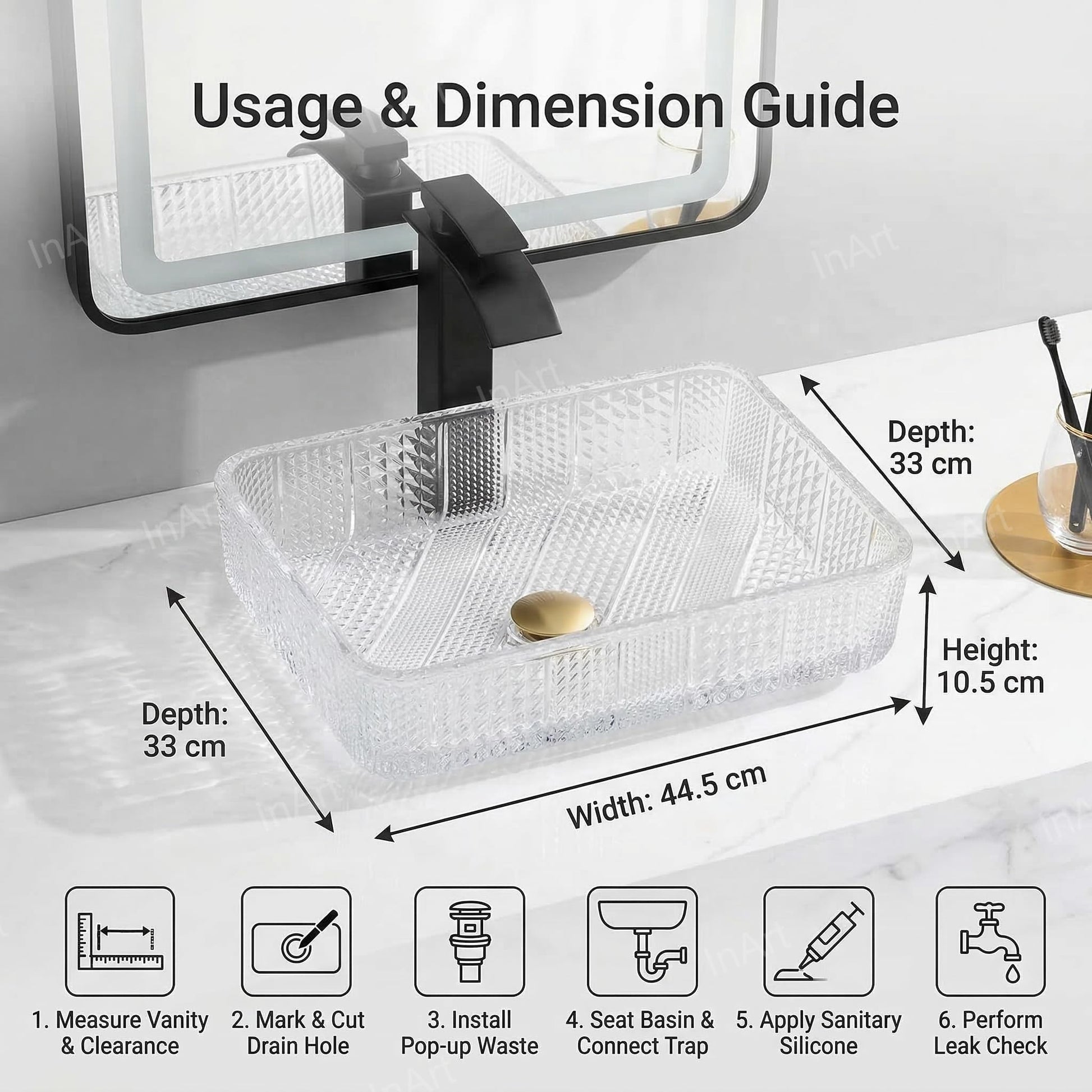 Transparent bathroom sink in tempered glass, top view showing rectangular shape and clear glossy surface