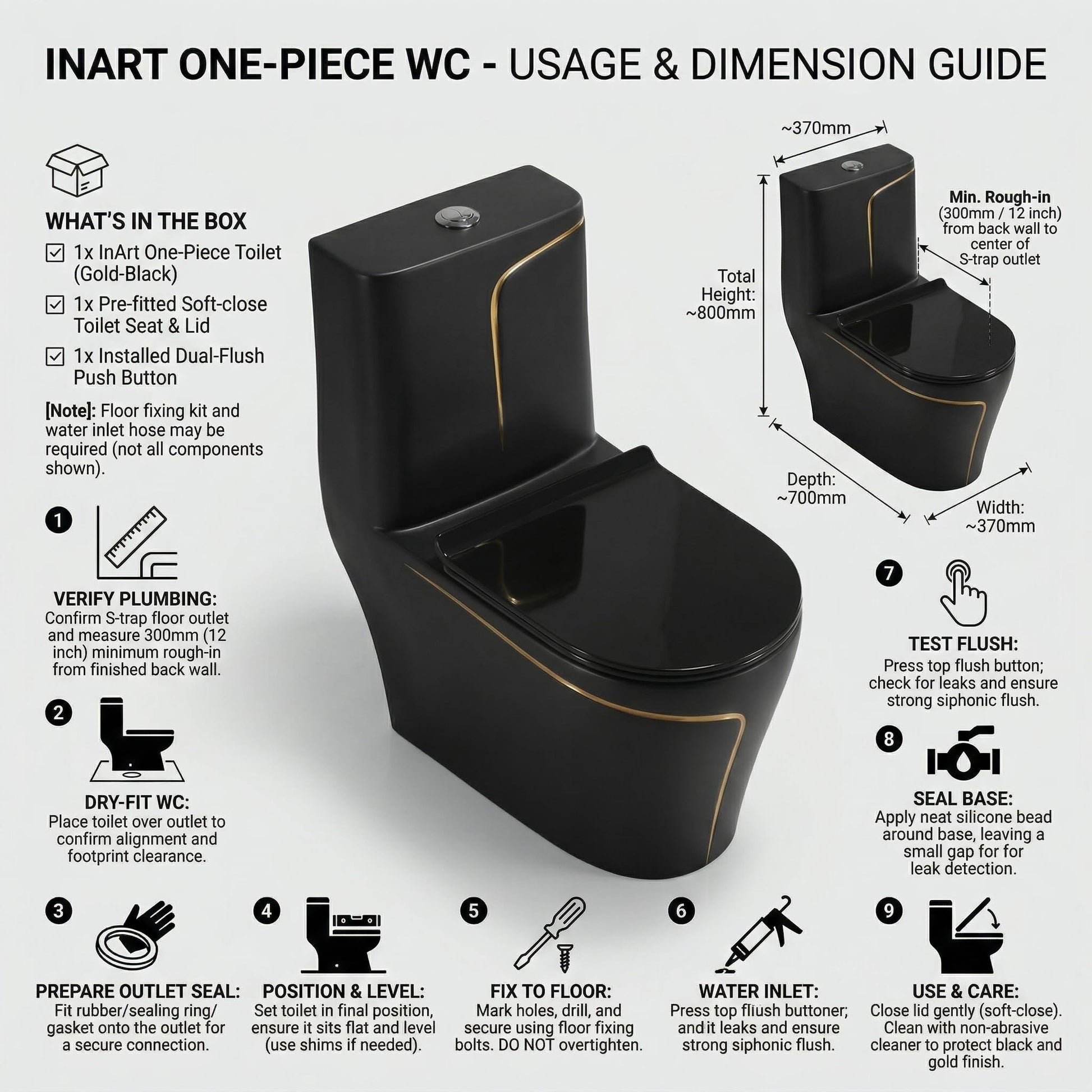 Ceramic one piece water closet with floor mounted base, S trap outlet detail for lavatory fitting