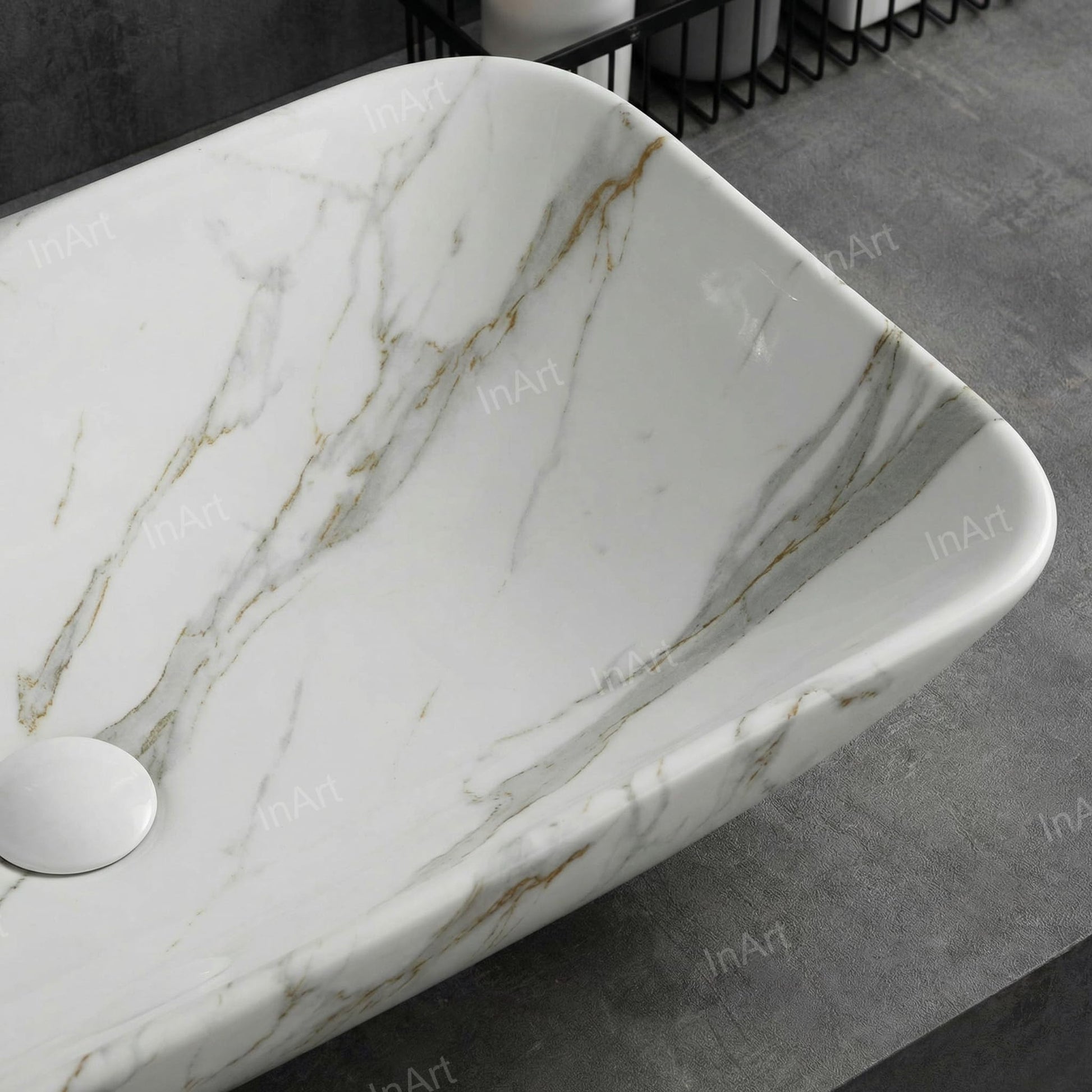 Close-up of glossy white ceramic wash basin design with marble pattern, easy-clean finish