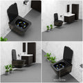 Rimless bowl and flush outlet detail, P trap wall outlet on black ceramic wall hung commode