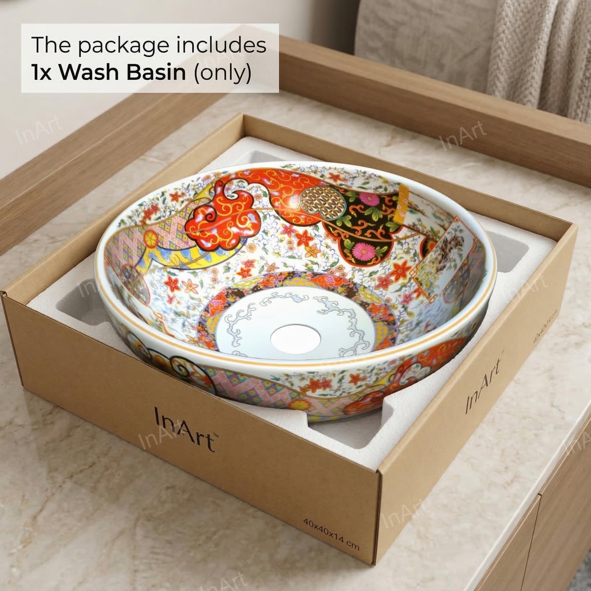 Round counter top basin showing drain opening area for pop-up waste fitting