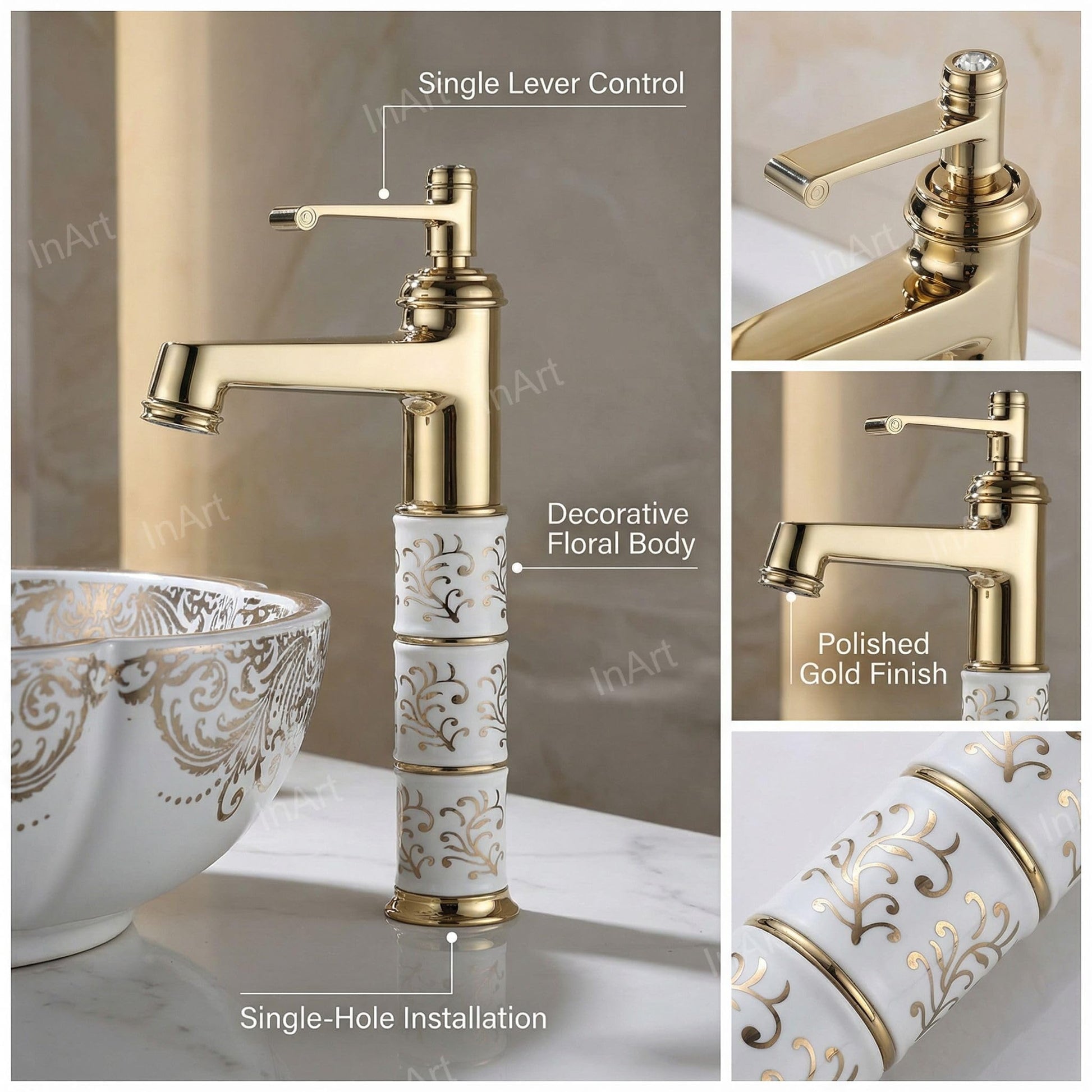 Wash basin mixer single lever in gold finish, side angle view with smooth handle for bathroom