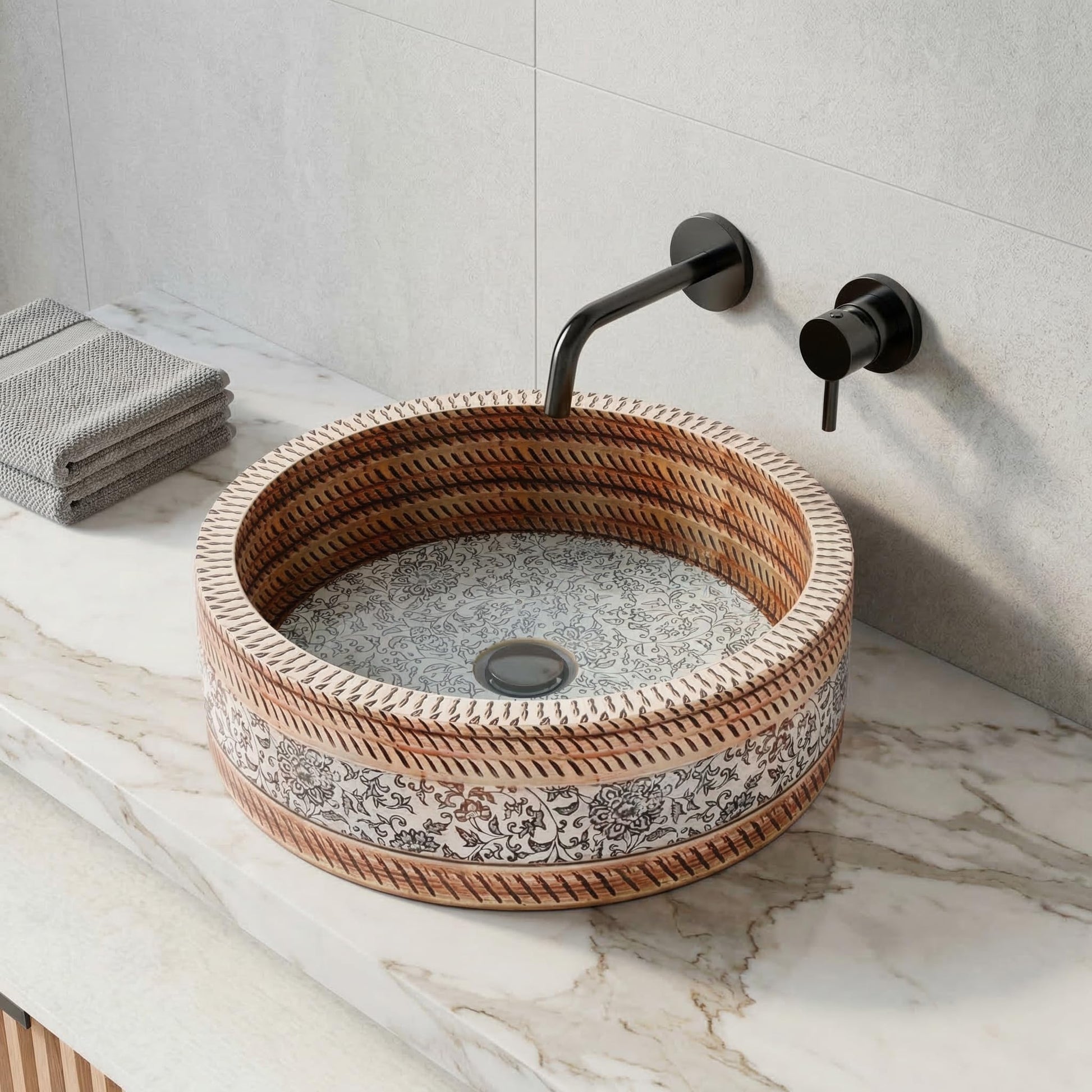 Round ceramic table top wash basin with multicolour Moroccan art pattern, satin finish