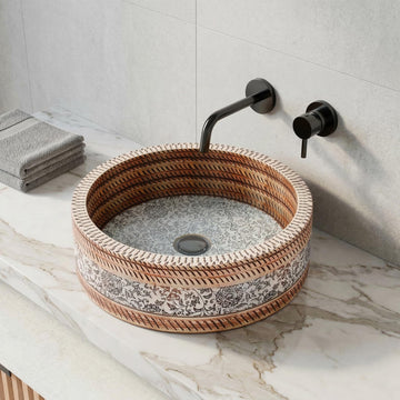 Round ceramic table top wash basin with multicolour Moroccan art pattern, satin finish