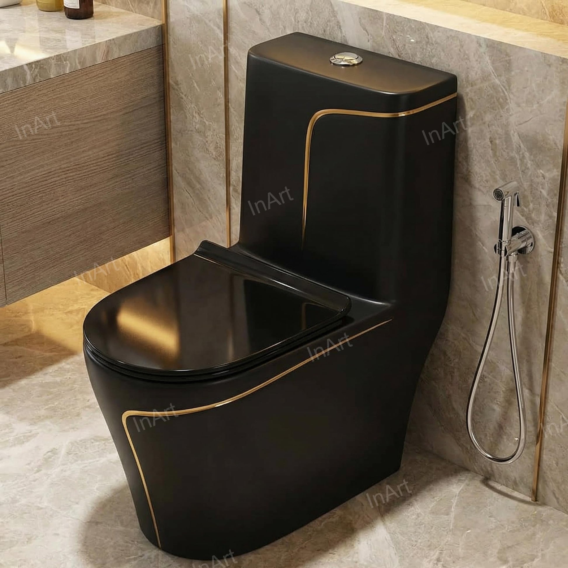 Top view of oblong western toilet seat and bowl in glossy finish