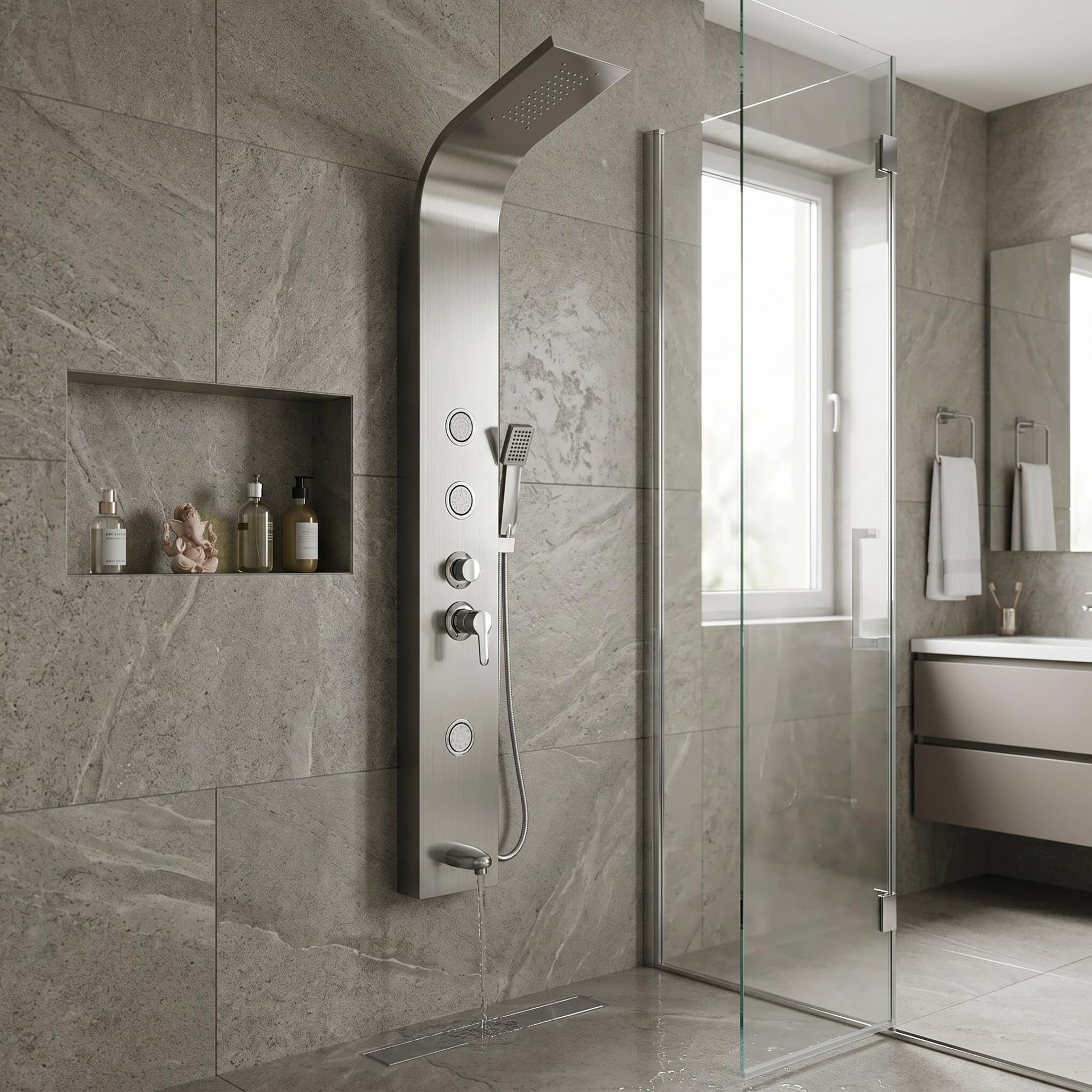 InArt stainless steel shower panel system with 3 body massage jets for modern Indian bathroom, mid shot