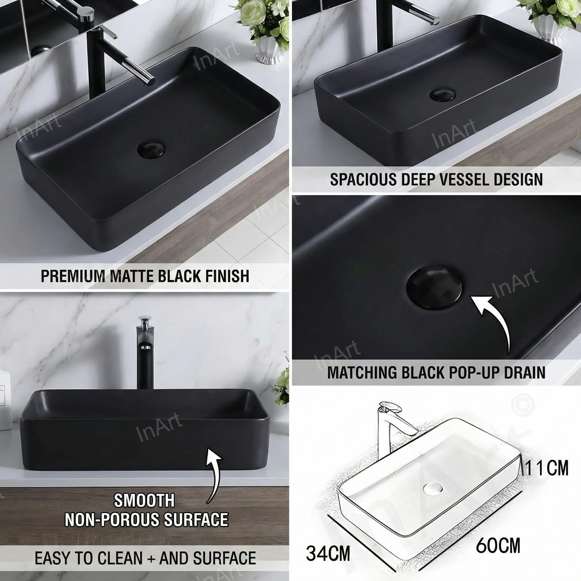 Designer rectangular table top wash basin in black matte finish, side angle view for wash basin online India