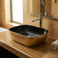 Rectangular table top wash basin with leather pattern texture, glossy black gold ceramic, close-up detail