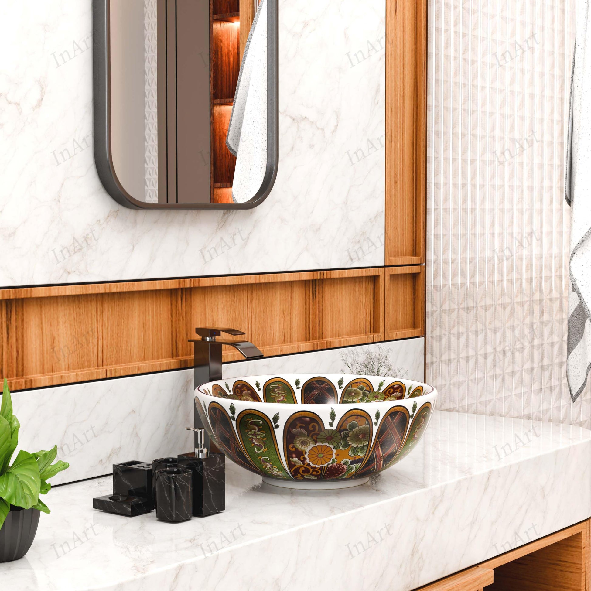 Art vanity washbasin in ceramic, round table top basin styled for modern Indian bathroom interior