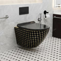 Close-up of soft close toilet seat cover on InArt wall mount commode, premium black gold sanitaryware