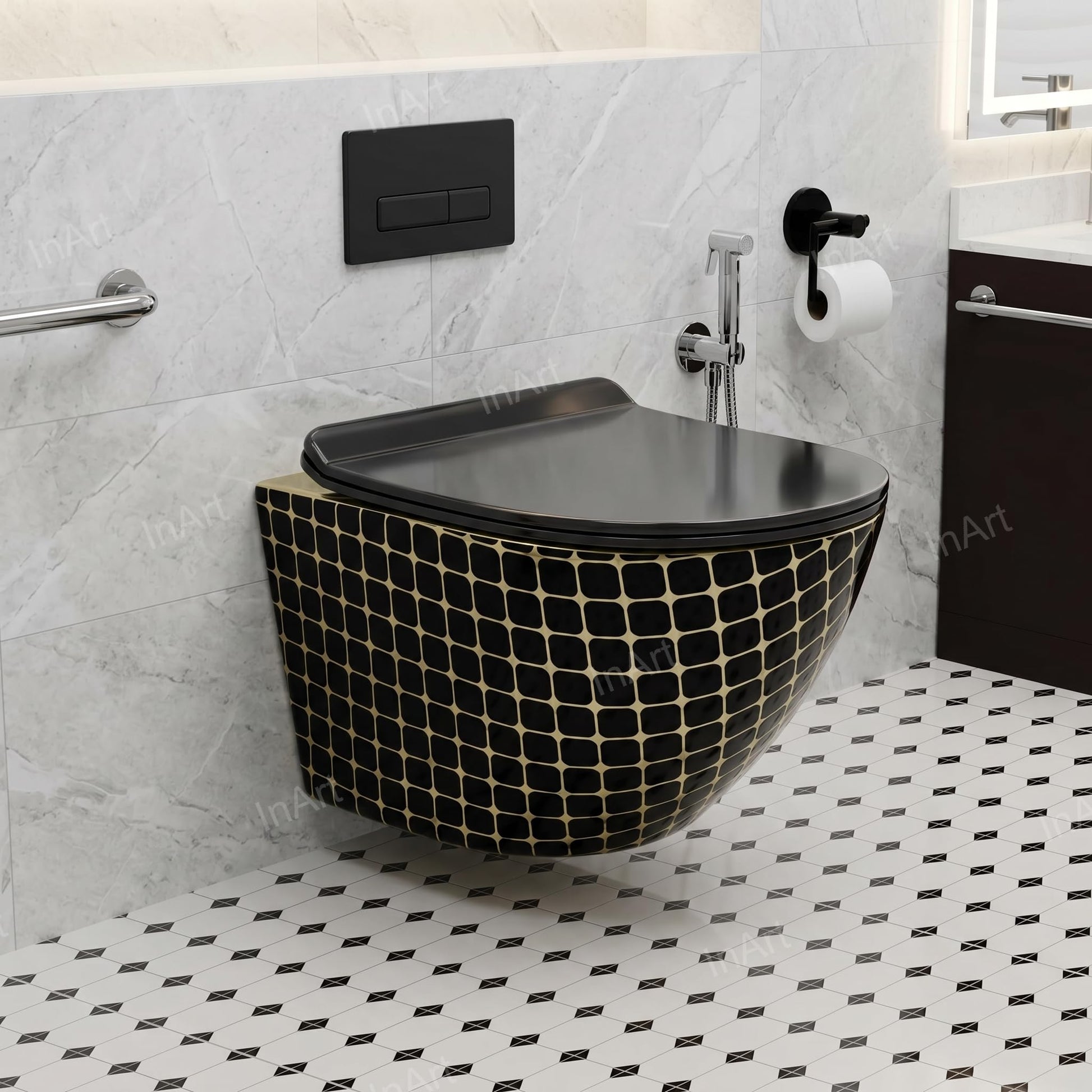 Close-up of soft close toilet seat cover on InArt wall mount commode, premium black gold sanitaryware