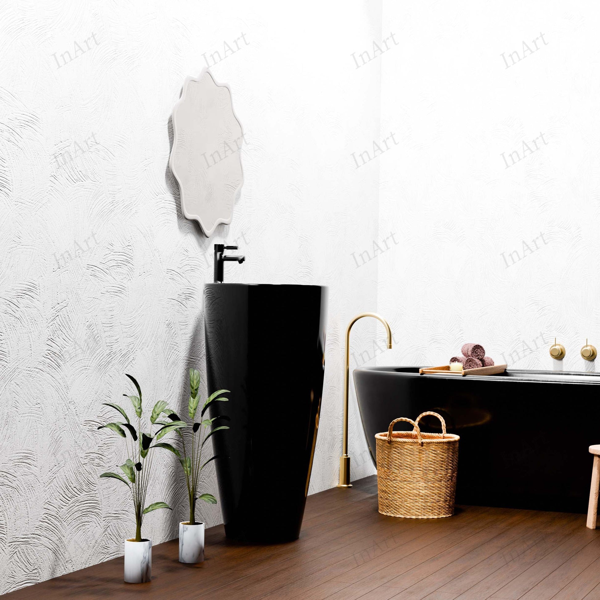 InArt black pedestal wash basin with integrated full pedestal, glossy finish detail for premium bathroom sanitaryware