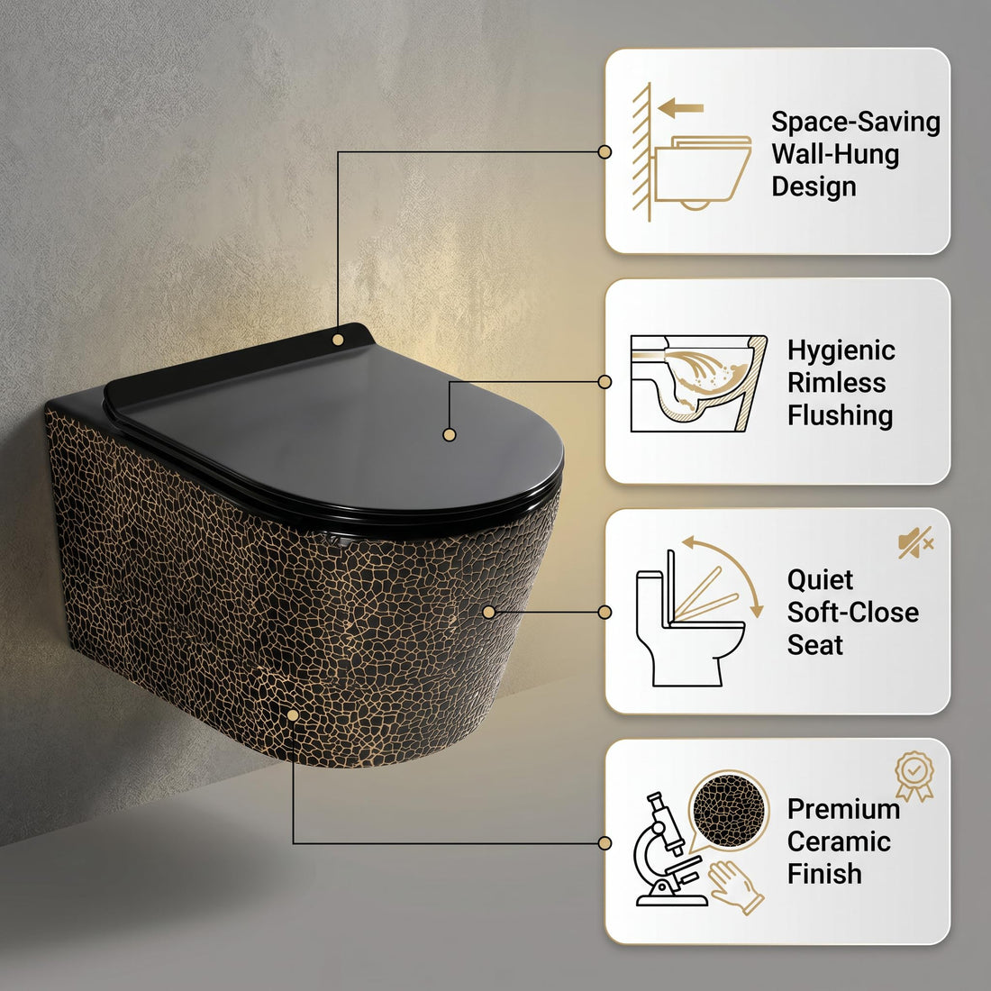Rimless oval ceramic wall hung western toilet commode in Ember Black Gold finish
