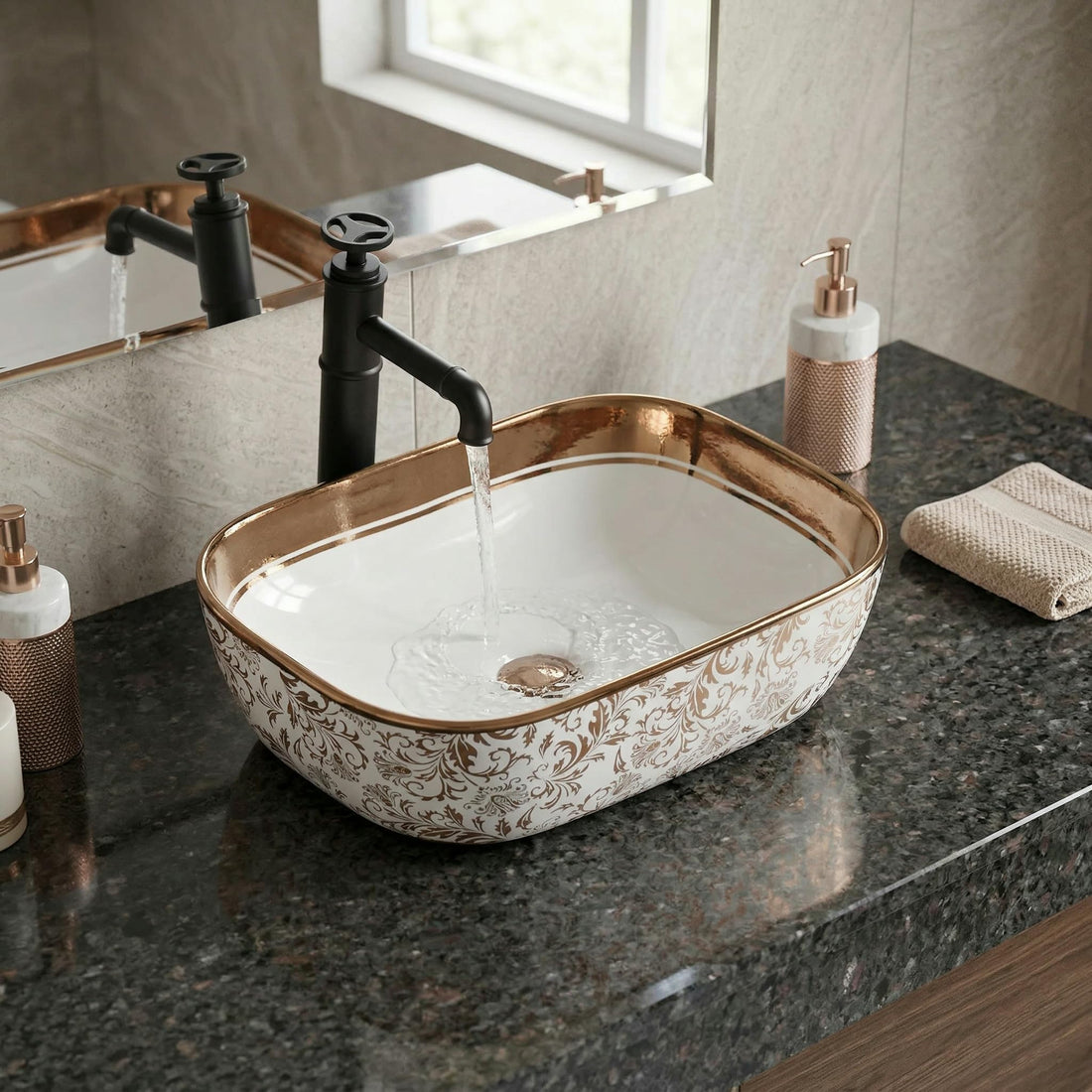 InArt ceramic table top wash basin design, rectangular rose gold finish, front view