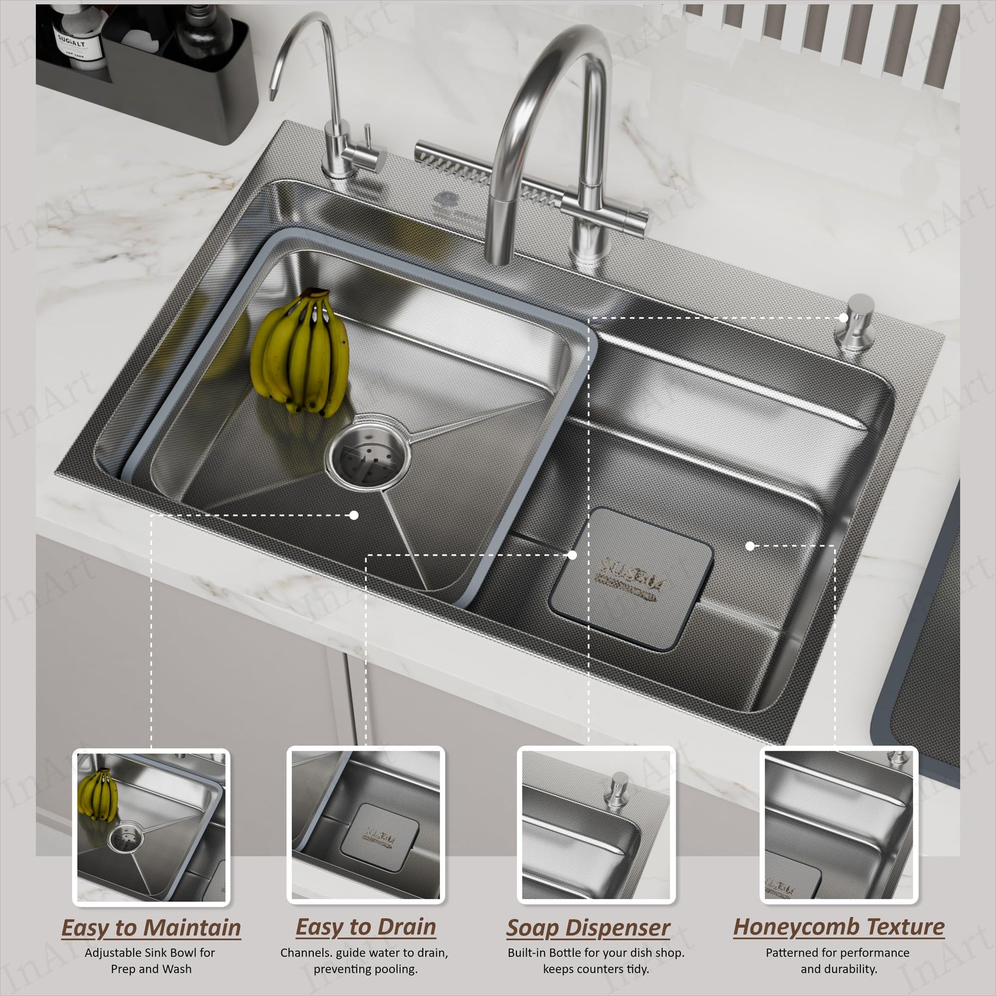 InArt stainless steel silver waterfall kitchen sink - detailed corner drain and basin construction view