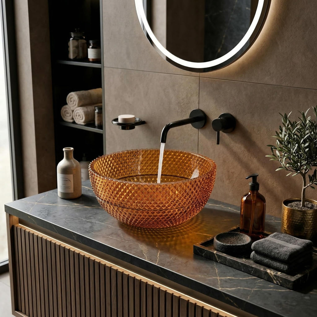 InArt glass design wash basin, round amber tinted tabletop basin for bathroom counter, front view