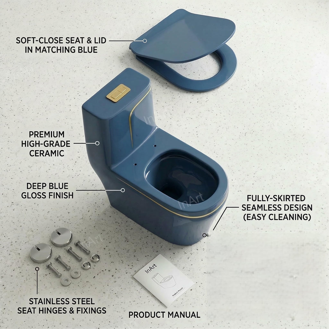InArt ceramic one piece western toilet in blue, oval floor mounted commode with S-trap outlet, front view
