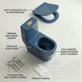 Ceramic western toilet seat one piece in blue, floor mounted S trap commode angled side view