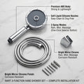 Chrome handheld shower head set with 1.5m flexible tube, angled side view for modern bathroom use