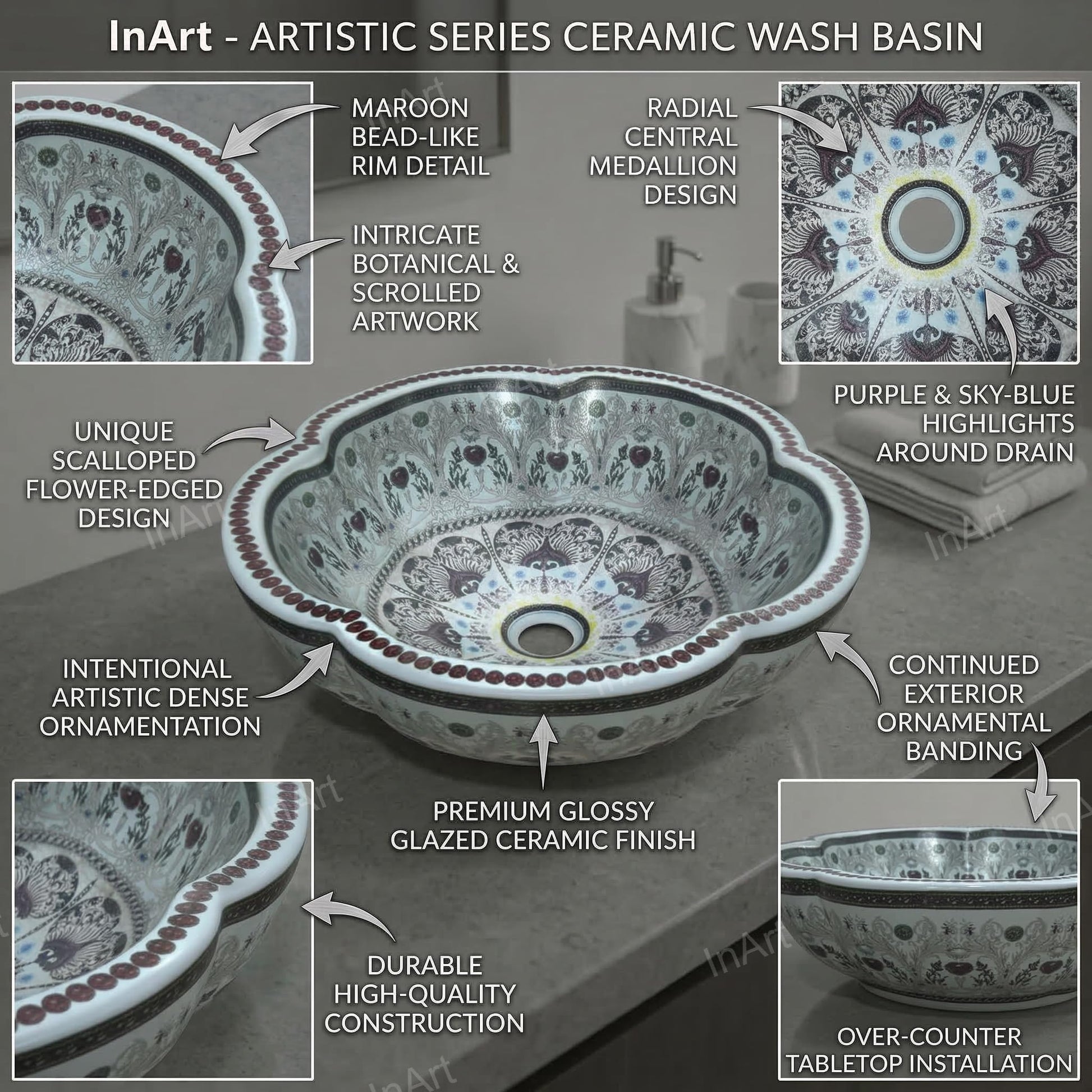 Designer tabletop washbasin, round ceramic over counter basin, side angle view