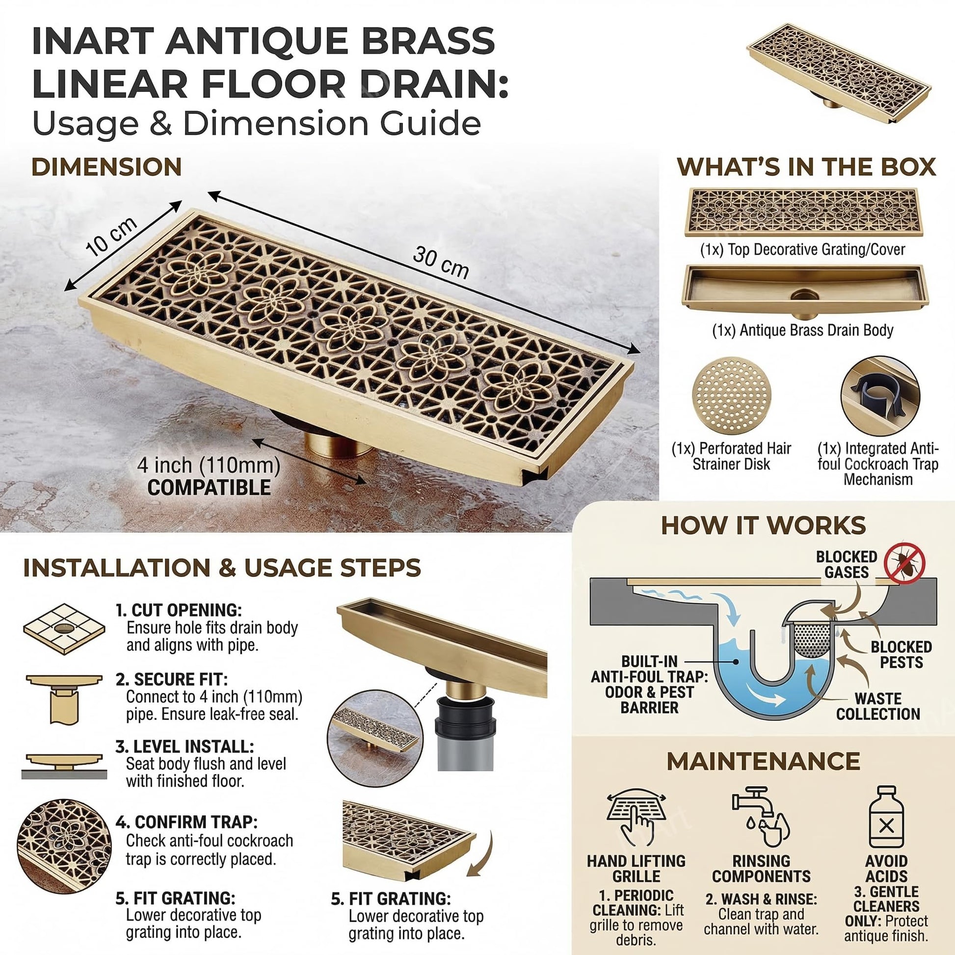 InArt brass floor drain jali installed in bathroom floor, square antique finish with cockroach trap