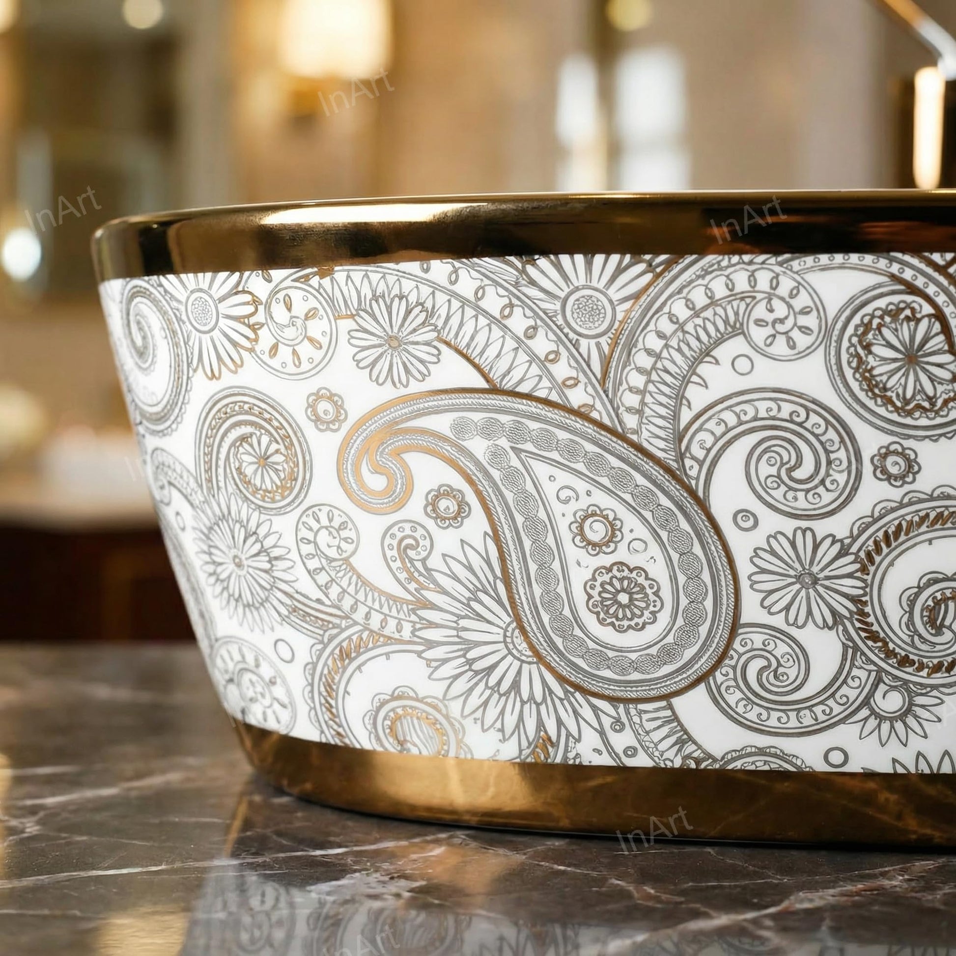 Close-up of glossy gold ceramic finish on InArt table top wash basin, premium bathroom basin design