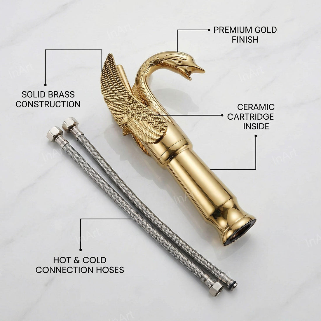 InArt single lever basin mixer in golden brass swan neck, tall body tap for wash basin, main view