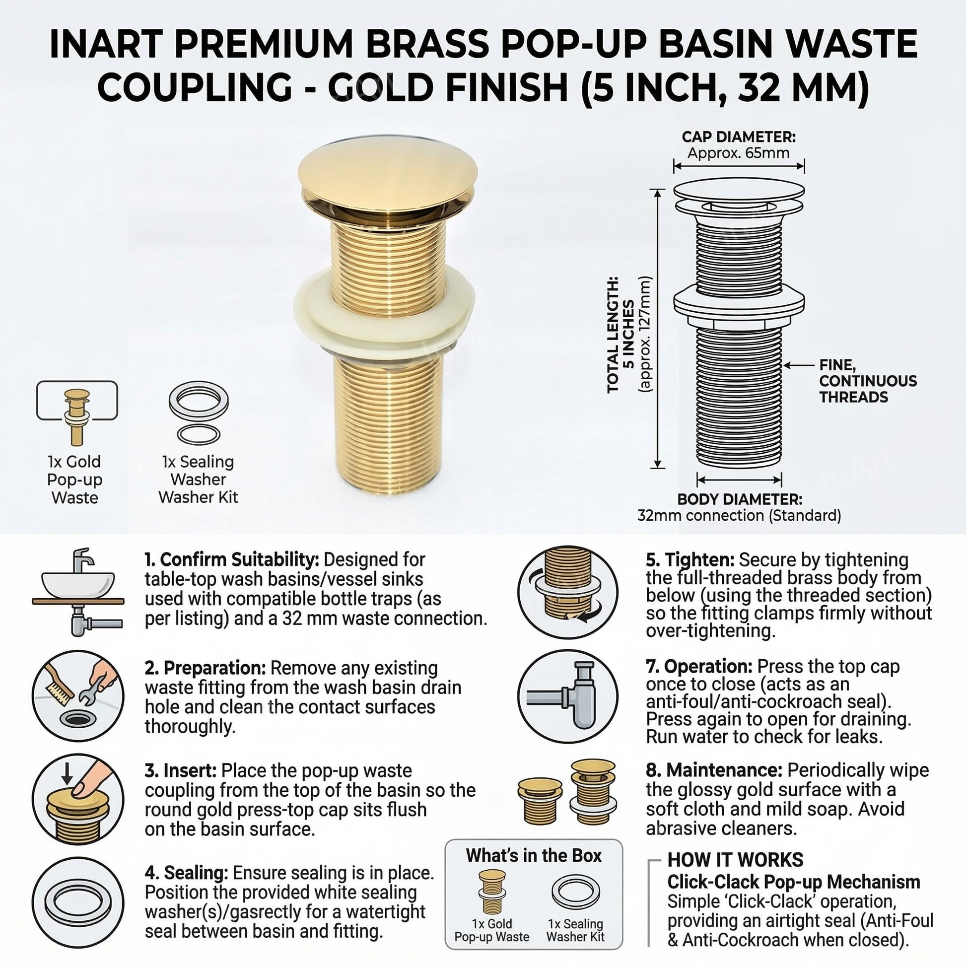 InArt 5 inch pop up waste coupling brass, underside view showing full threaded brass body for wash basin
