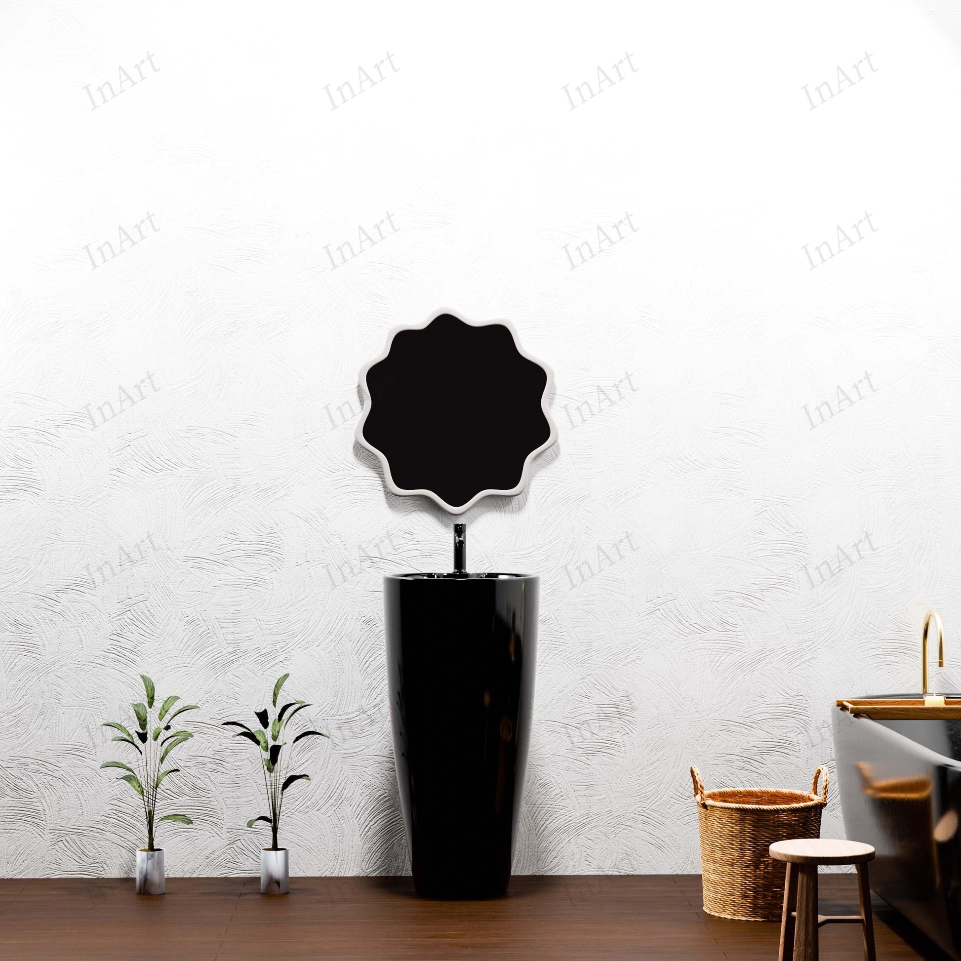 InArt ceramic one piece pedestal wash basin, glossy black round basin and pedestal base close-up detail