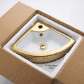 Wall hung corner wash basin small, 14x14 inch glossy golden white ceramic, ideal for small space bathrooms