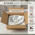 Counter mounted sink in ceramic, round table top basin for washroom, white floral finish detail