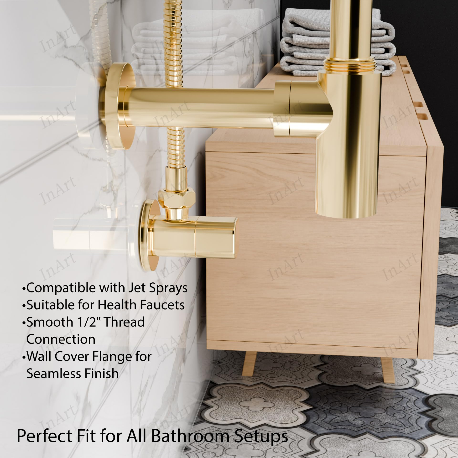 Leakproof angle valve for tap connection, brass gold L-type valve with smooth handle - 45 degree view