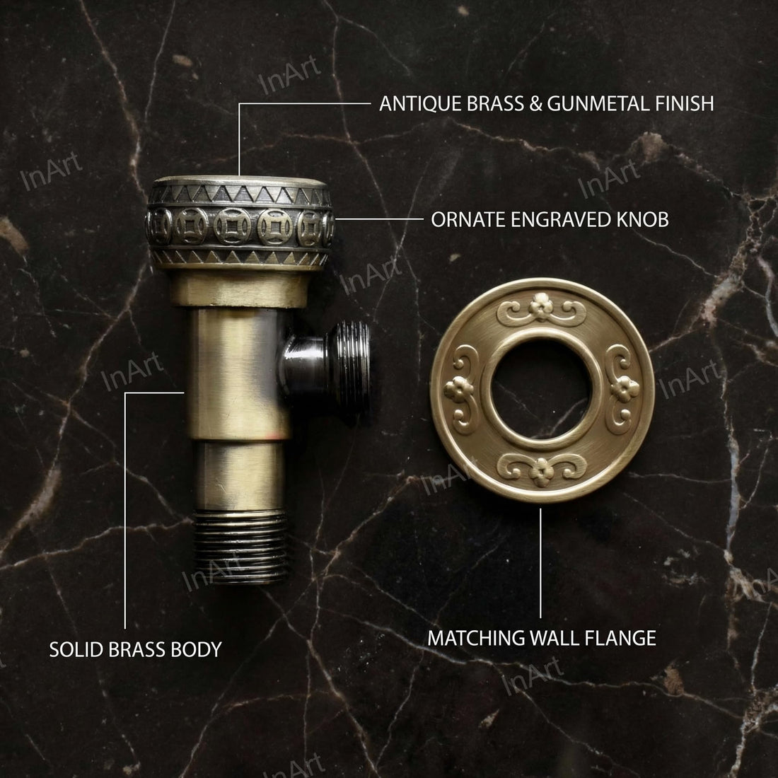 InArt zinc angle valve for wash basin tap with wall flange, antique brass finish stop cock for bathroom