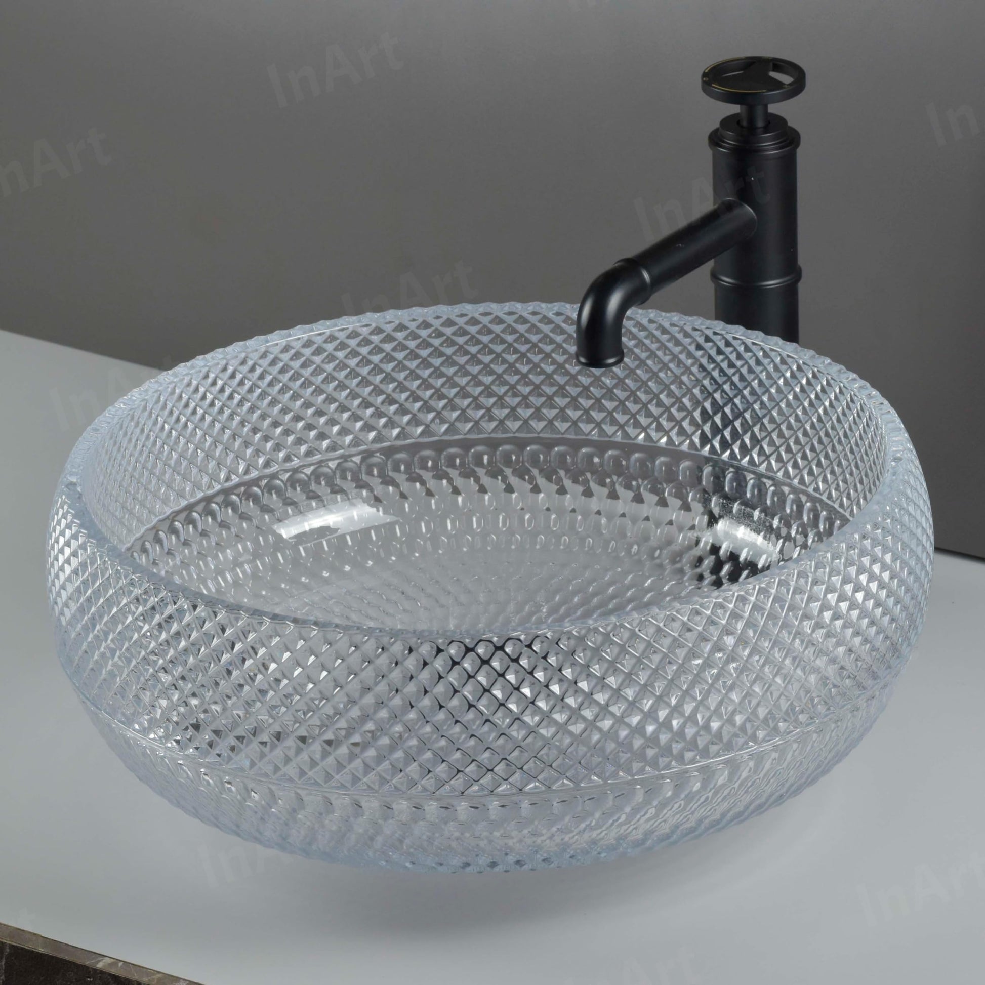InArt glass design wash basin with light-catching clear finish, premium bathroom sink luxury for modern washroom
