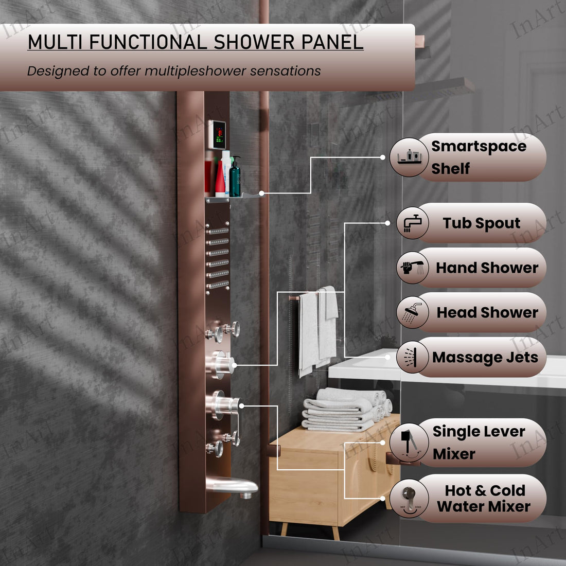 InArt yagatap SS304 rectangular wall mount shower panel with LED rainfall, thermostatic control and shelf