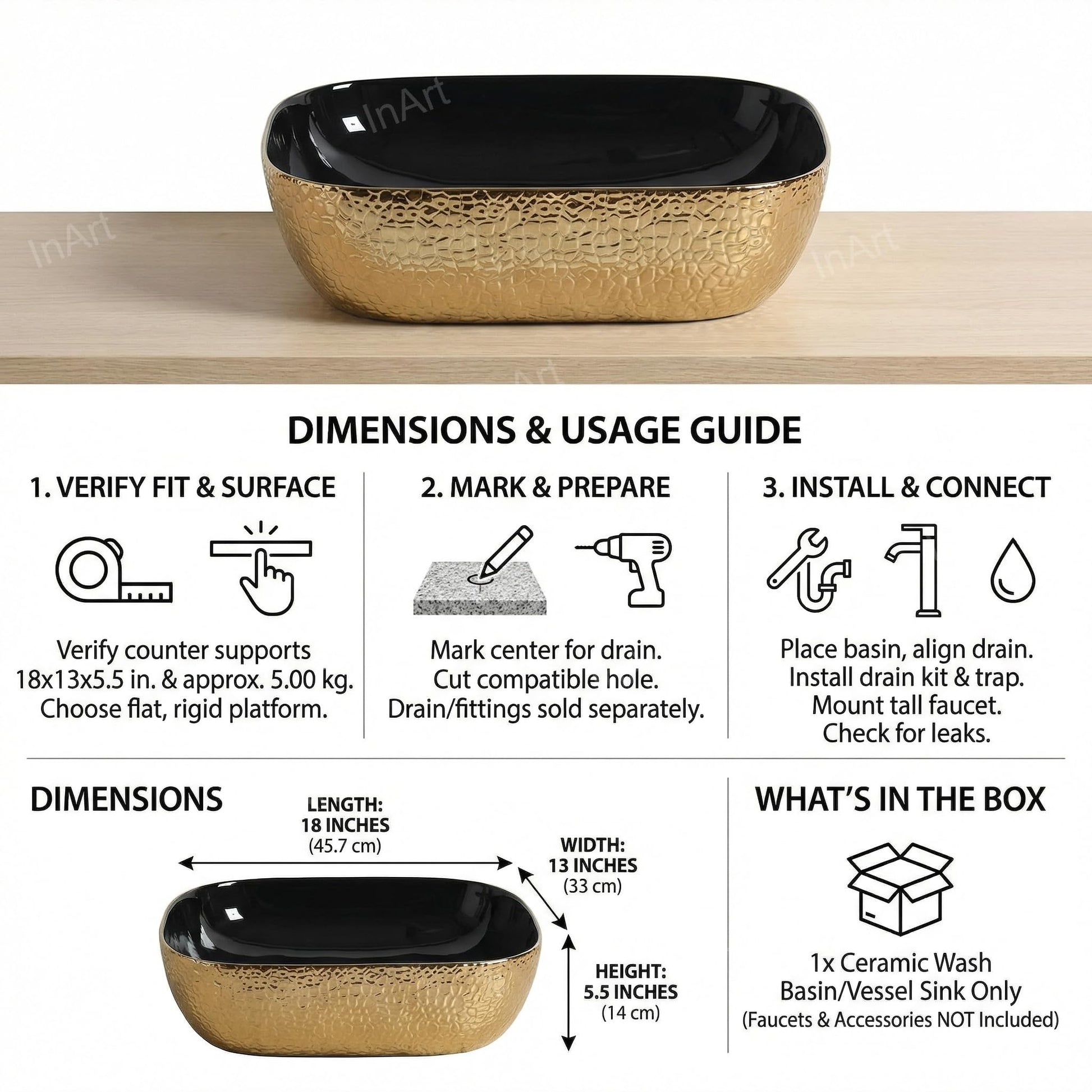 Luxury bathroom wash basin in black gold, rectangular ceramic counter top wash basin in modern bathroom setting