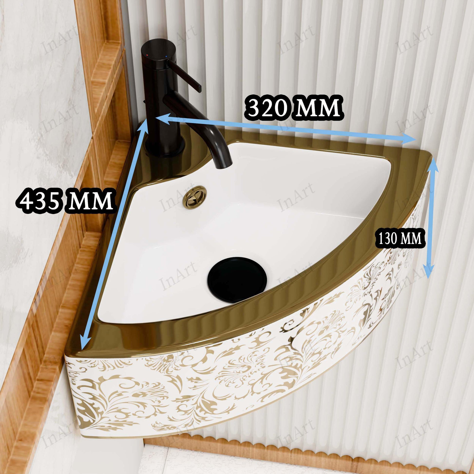 Luxury wash basin with premium gold finish, rectangular ceramic table top basin close-up of smooth edges