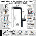 Kitchen sink taps black with pull out spray, dual mode spray stream detail on brass sprayer head