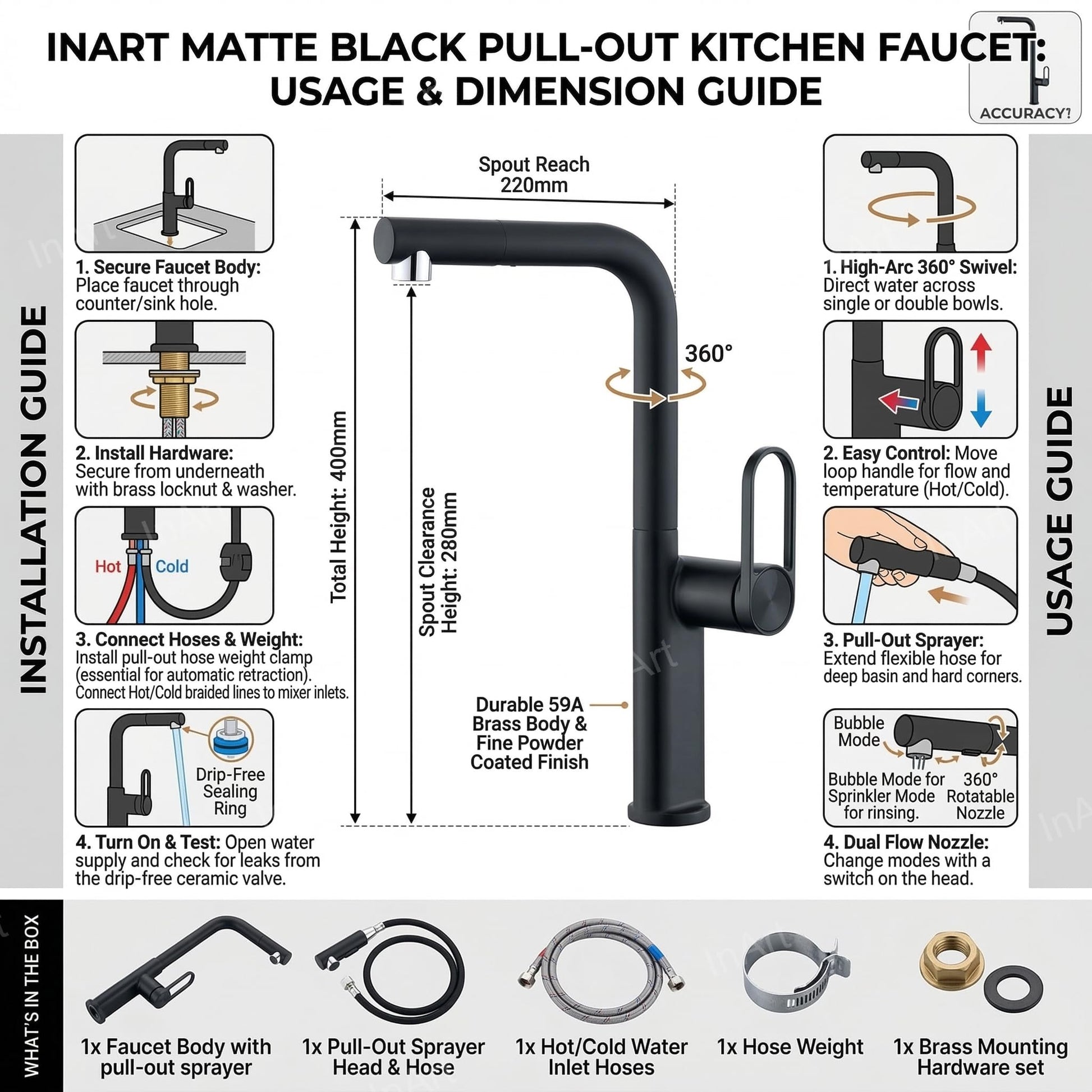 Kitchen sink taps black with pull out spray, dual mode spray stream detail on brass sprayer head