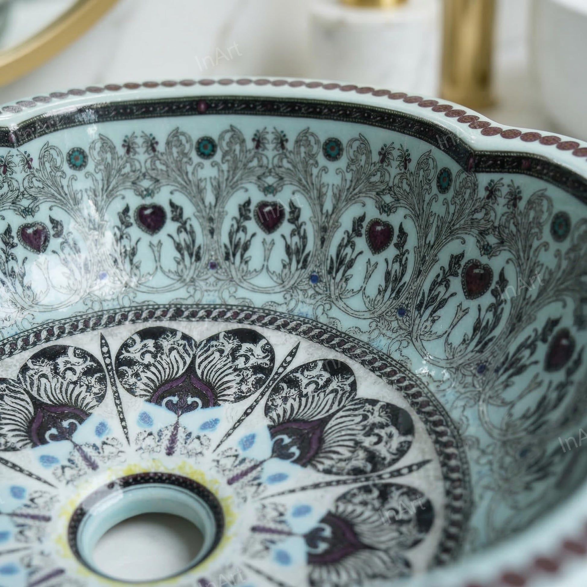 InArt round table top wash basin with smooth drain area, light blue glossy finish
