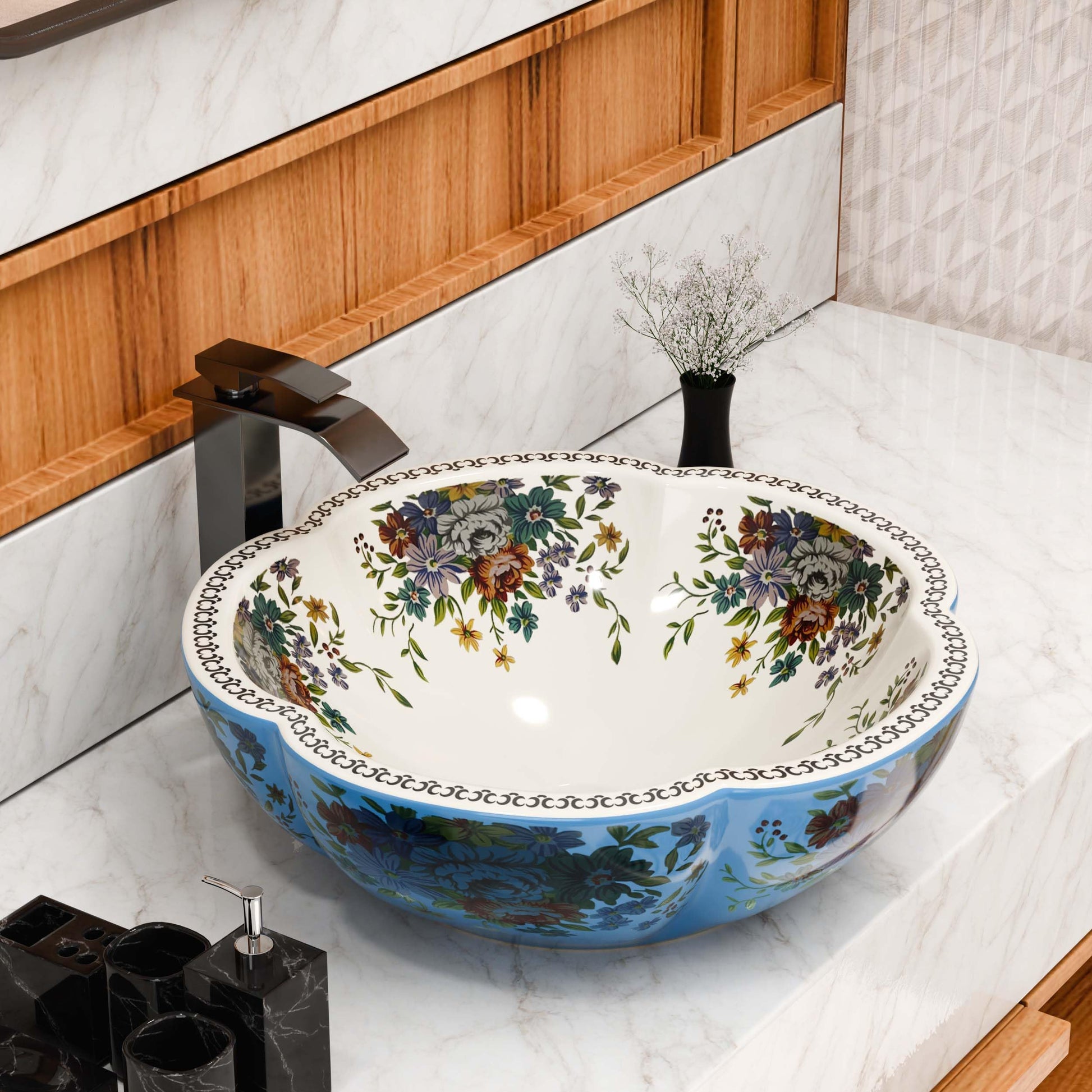 washbasindesign InArt ceramic round table top wash basin, blue floral Moroccan pattern, glossy finish