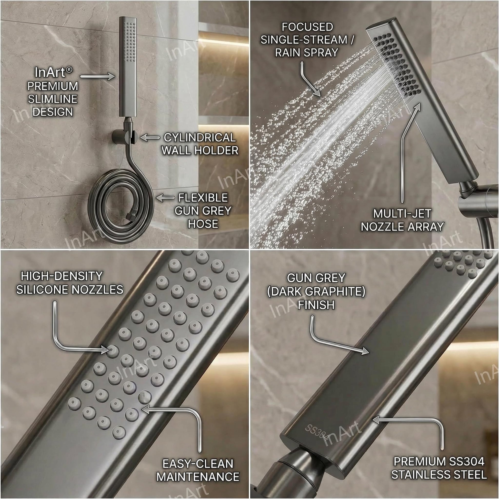 High pressure hand shower for Indian bathroom, rain + massage spray, InArt gun grey stainless steel handheld