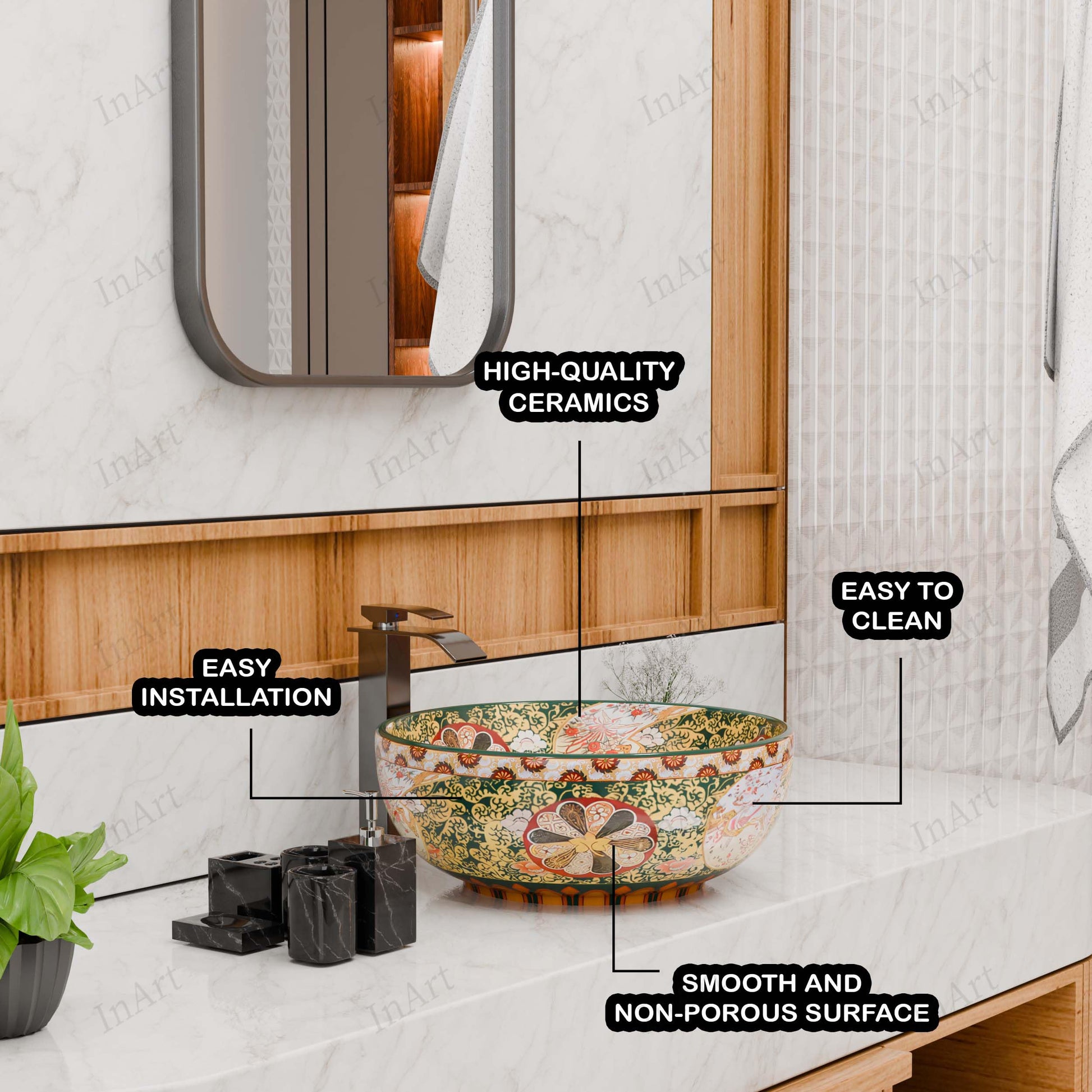 InArt designer table top wash basin for bathroom, green multicolour square ceramic on vanity top