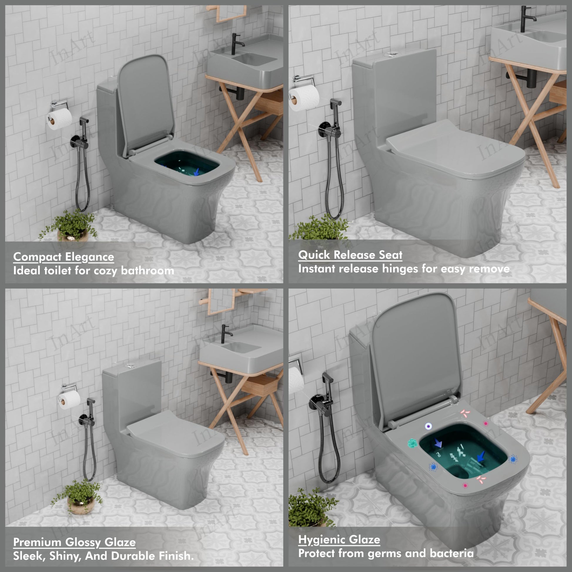 Soft close toilet seat detail on InArt grey one piece commode, smooth hinge and ergonomic seat cover close-up