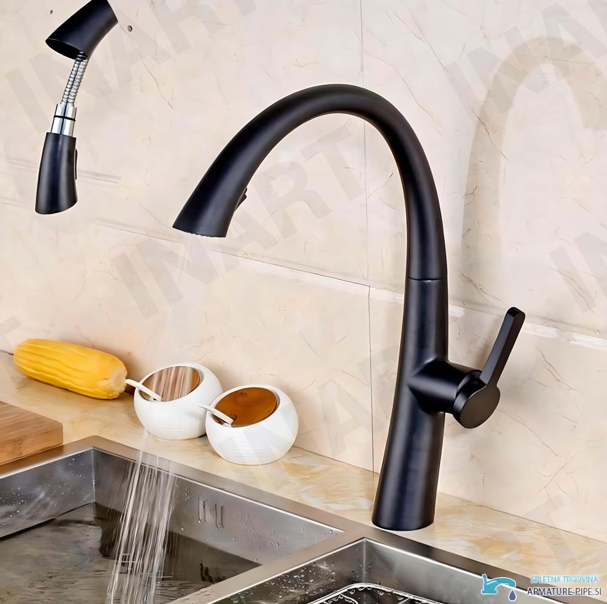 InArt black kitchen tap installed on sink, pull out spray tap for Indian modular kitchen use