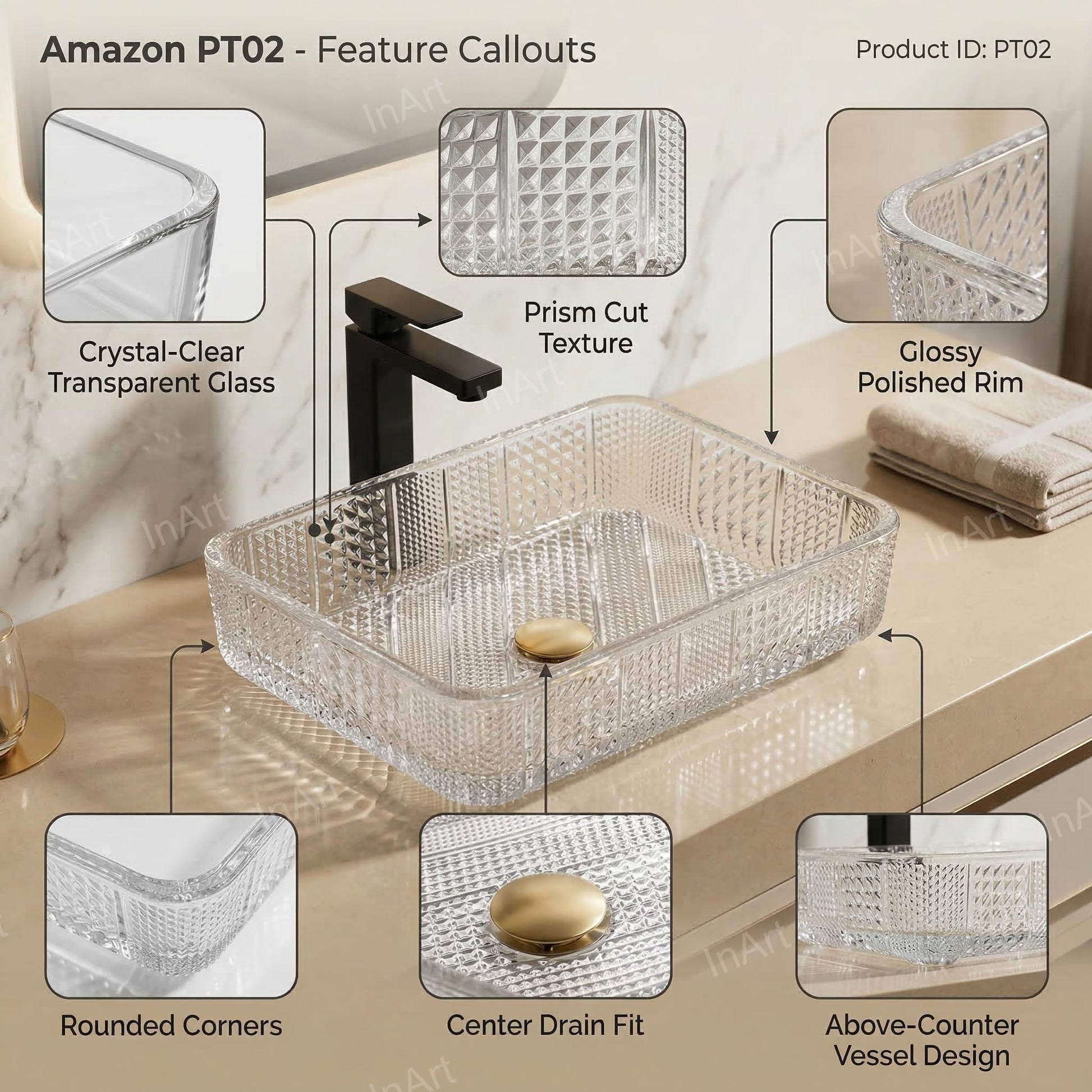 Modern table top wash basin glass in clear transparent finish, side angle showing crystal edges