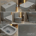 Single piece western commode in grey ceramic, side angle showing S-trap floor outlet and compact design